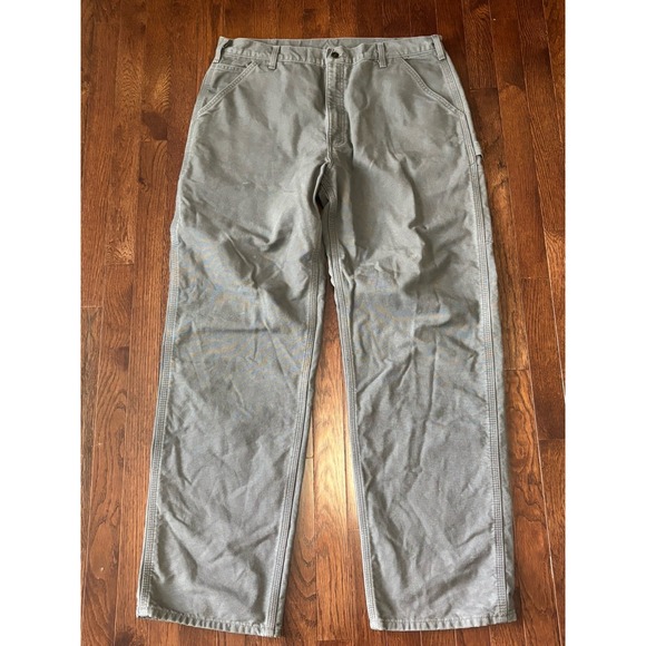 Carhartt Pants Mens 38x34 Gray Flannel Lined Washed Duck Work Dungaree B111 GVL - Picture 1 of 6